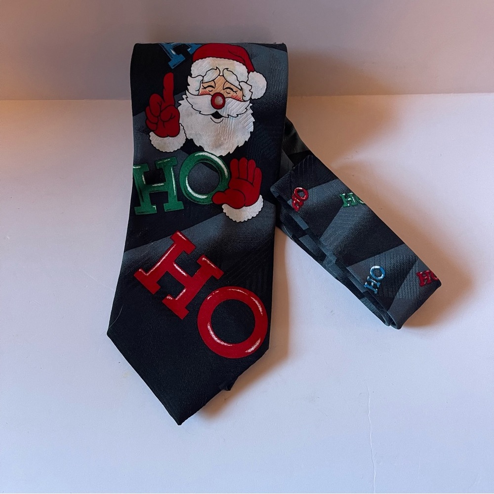 Christmas Santa Neck Tie Gray Blue Red Green Ho Ho Ho